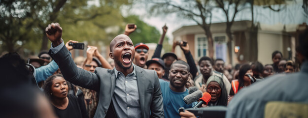 Black African American man activist angry shouting for his cause among people demonstration protester as wide banner with copy space area - generative AI