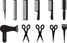 Large Set For A Hairdresser With Combs, Scissors, Hair Dryer On Transparent Background