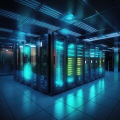 Poster - concept of network and internet communication technologies, data center in server room. ai generatio