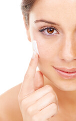 closeup, face cream and woman with skincare for natural, cosmetic or clean facial routine. health, b