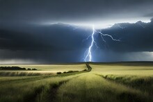 A Dramatic Thunderstorm Over A Vast Prairie, With Lightning Illuminating The Darkened Sky.