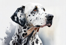 Dalmatian Pet Dog Watercolour Portrait Painting Which Is A Popular Canine Purebred Pedigree Breed With Black Spots On A White Fur Body, Computer Generative AI Stock Illustration Image