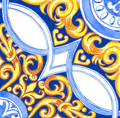 Wall Mural - Ceramic tile design in blue and yellow colors. Sicilian seamless ornament. Baroque watercolor background. Hand drawn royal ornament. Mediterranean Italian print.