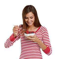 Healthy, fruit and woman on a diet eating bowl of breakfast food or berries isolated in a transparent or png background. Nutrition, happy and young female person eat salad for health and wellness