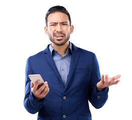 Confused, frustrated and business man with phone notification, internet or mobile app. Angry asian person portrait with smartphone error, problem or fraud isolated on a transparent, png background