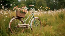 Vintage Bicycle With Basket Full Of Flowers Standing In Field Generative AI
