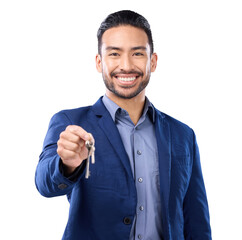 Aufkleber - Portrait, smile and keys with a realtor man isolated on a transparent background for real estate. Future, property and investment with a happy male salesman or agent on PNG for a home mortgage