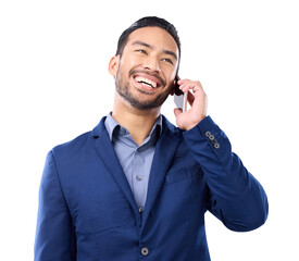 Fototapete - Business man, phone call and laughing for communication, connection or conversation. Happy asian businessman talking on smartphone for networking or deal isolated on a transparent, png background