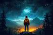 © SnowElf - The view from the back is of a boy with backpack looking up at a beautiful starry night sky with lots of bright flashes. A creative concept of imagination, a child's dream. Generative AI illustration.