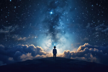 the view from the back is of a boy looking up at a beautiful starry night sky with lots of bright fl