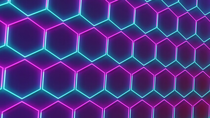 Wall Mural - luxury abstract geometric futuristic hexagon background loop. Trendy sci-fi neon-colored bg for cyberspace, films, screensaver, wallpaper. Seamless clean and glossy technology bg.