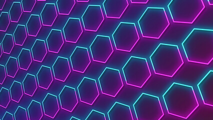 Wall Mural - luxury abstract geometric futuristic hexagon background loop. Trendy sci-fi neon-colored bg for cyberspace, films, screensaver, wallpaper. Seamless clean and glossy technology bg.
