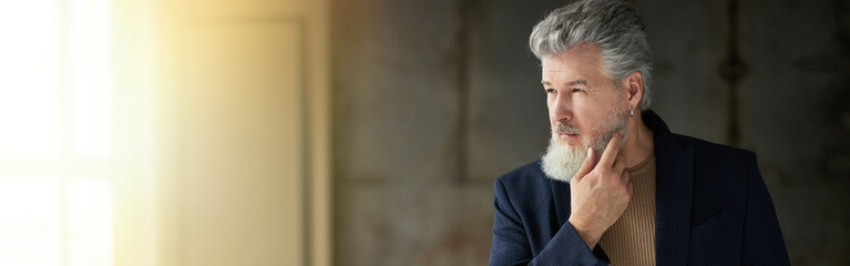 Stylish handsome grey haired middle aged man looking away, touching his beard while posing indoors