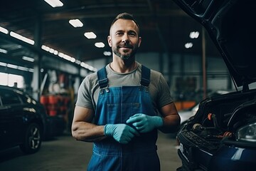 Wall Mural - Handsome mechanic in uniform in auto repair shop