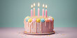 © SnowElf - Festive pretty birthday cake with sprinkles, burning candles and delicious cream, cake on a flat background in delicate pastel light colors with copy space. Generative AI