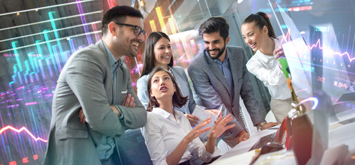 Diversity business team planning strategy gathered around computer desk. Business, technology and stock market concept. Double exposure photo with digital charts, statistics and graph analytics.