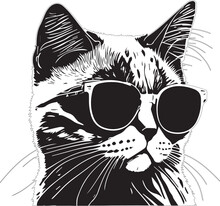 Portrait Of Cat With Sunglasses, Shades. Vector Art Illustration. T-shirt Design. T Shirt Design, Black Version