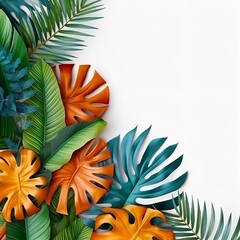 Creative layout made of colorful tropical leaves on white background. Minimal summer exotic concept with copy space. Border arrangement.