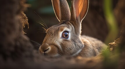 rabbit in the field watching the cave by generative ai