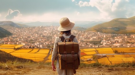 a girl walking on road with view of big city that has urban and farmland scenery, Generative Ai