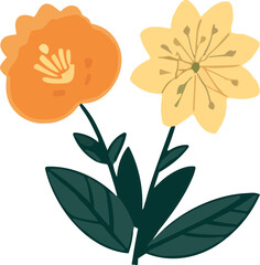 Sticker - Floral vector set with flat doodle-style abstract flowers and leaves. Collection of hand drawn sketch style flowers