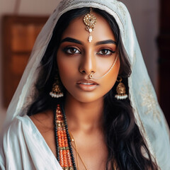 Beautiful indian woman in traditional indian clothes with jewelry. Oriental accessories. Portrait of beautiful indian woman with bright makeup. Model with adorned with flashy accessories. AI generated