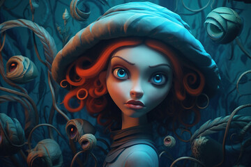 Red-haired fabulous young woman in a hat in a dark fantasy forest looking at the camera. Fairy tale illustration
