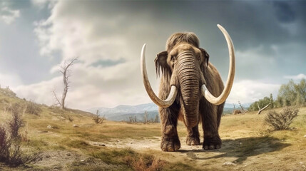 Mammoth is walking in wildlife. AI Generative Image