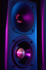 Wall Mural - Multimedia acoustic sound speaker with neon lighting. Sound audio system on dark background.