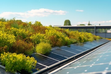 Modern green roof adorned with vibrant plants, complemented by strategically positioned solar panels for energy efficiency, creating a beautiful contrast.