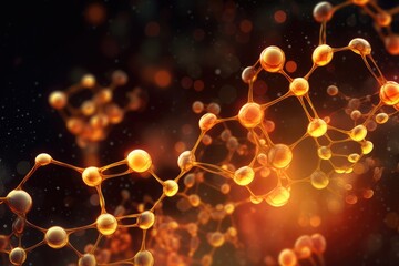 Abstract dark background with gold and orange molecule or particles. Generative AI