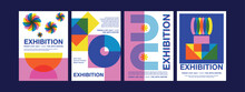 Geometric Retro Set Of Poster Templates For Art Exhibition In Risograph Overlapping Minimalstic Modern Style