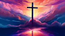 Jesus Cross Symbol On Colorful Clouds Background. Generative AI Colorful Clouds Background With Christian Cross In The Middle. Christian Religion Cross On Spiritual Background.