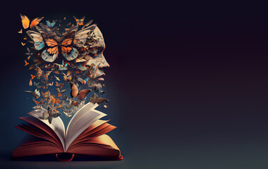 Human mind with butterflies and light coming out of a book, mental health concept, positive thinking, creative brain, fairy tale story, generative AI 