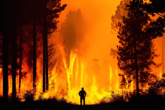 Red and orange burning forest wildfire, black trees and lone firefighter person silhouette visible against heat glow. Generative AI