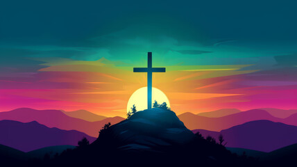 Jesus cross symbol on colorful clouds background. Generative AI colorful clouds background with Christian cross in the middle. Christian religion Cross on spiritual background.