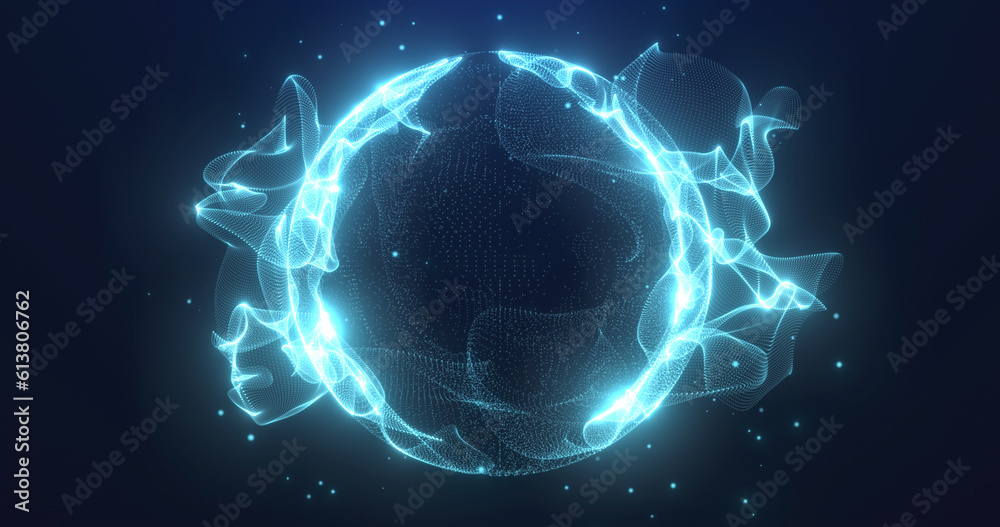 Abstract glowing sphere made of particles, dots and waves in blue color ...