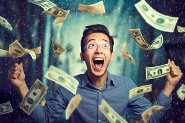 winning a lottery concept. smiling asian man, with happy expression, mouth open in excitement - mone