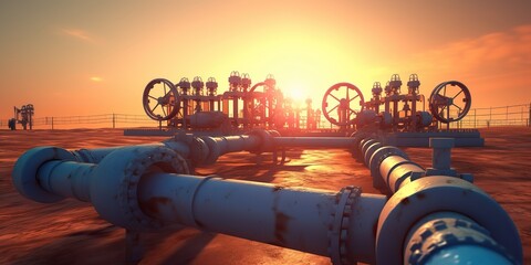 AI Generated. AI Generative. Oil gas pipe transportation. Business industry at sunset sky evening. Graphic Art