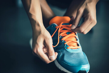 Person tying the shoelaces of a sports shoe. Generative AI