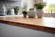 Wooden White Podium Countertop On Blurry Modern Kitchen, Closeup. Generative AI