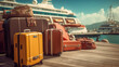 Luggage suitcase near cruise liner created with generative AI technology