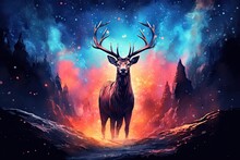 Art Deer In Space . Dreamlike Background With Deer . Hand Drawn Style Illustration  