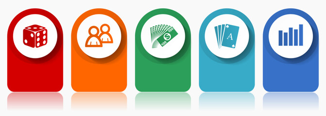 Leinwandbilder - Casino icon set, miscellaneous vector icons such as dice, playing cards and money, modern design infographic template, web buttons in 5 color options
