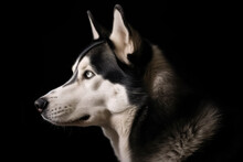 Portrait Of Dog Siberian Husky In Profile On Black Matte Background. Generative AI