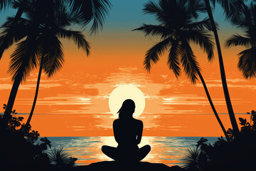 Wall Mural - young woman silhouette in yoga lotus pose on tropical palm beach nature landscape illustration Generative AI
