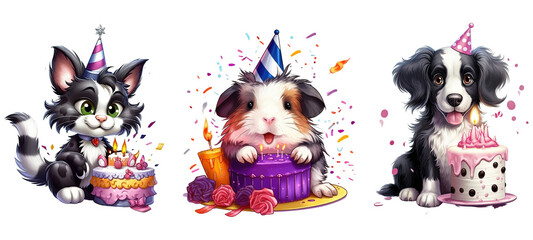 Wall Mural - Cute Dog, Cat, Guinea Pig, Birthday Celebration. Generative AI