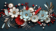 3d Mural Illustration White Amp Blue Background With Red Golden Jewelry And Flowers In Black Decorat
