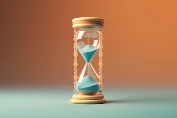 Wall Mural - Creative vintage 3D hourglass on a flat colored background with copy space. Minimal deadline concept, the time has come, the expectations. Generative AI 3d render illustration imitation.