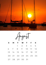 2023 Calendar Of August Month With A Sunset In Summer Photo. Author's Calendar For 2023 By Month